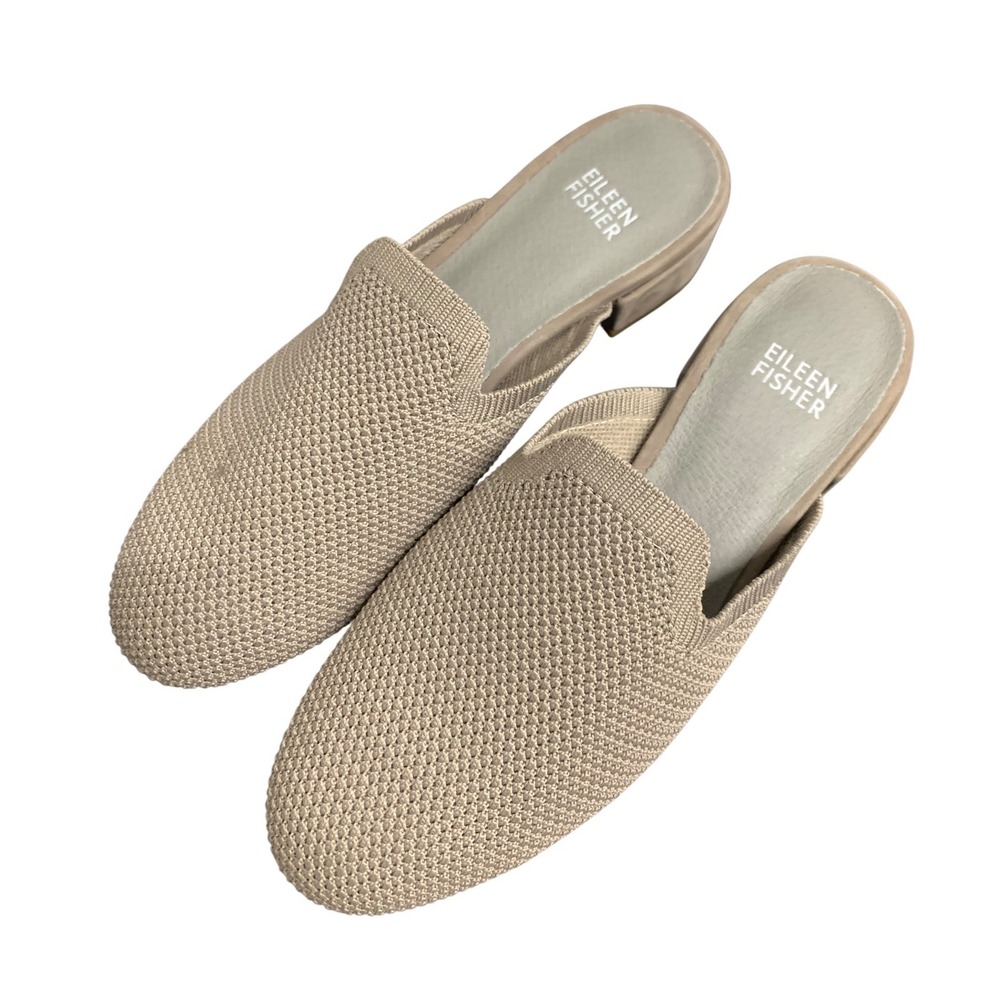 Eileen Fisher Betsy Knit Mules Beige Low Block Heel Shoes Womens 5.5 Cuoio Sand